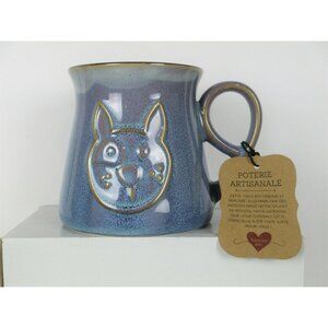 Ceramic Studio Artisan Hipster Cat Dog Coffee Mug Hand Made Ceramic Blue